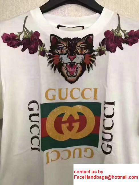 Gucci Cotton Angry Cat Embroidered LOVED Back T-shirt 457094 White 2017