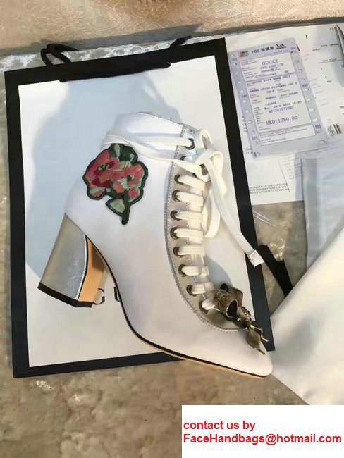 Gucci Finnlay Leather Embroidered Floral Metal Bow Detail Lace-up Ankle Boots White 2017 - Click Image to Close