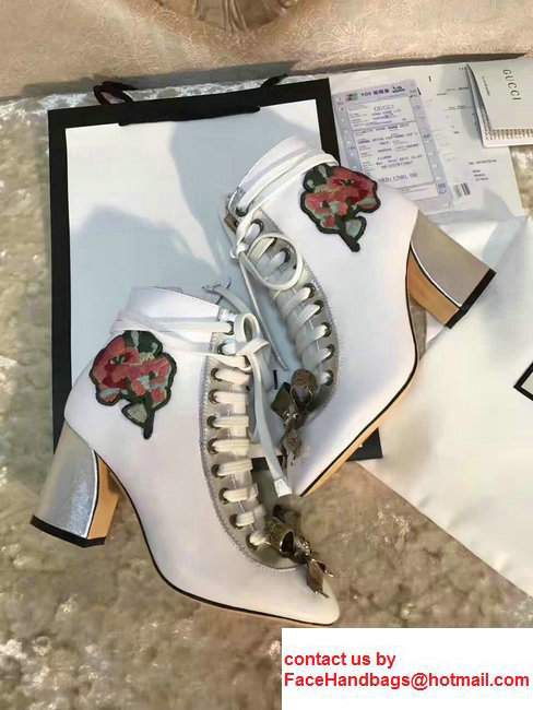 Gucci Finnlay Leather Embroidered Floral Metal Bow Detail Lace-up Ankle Boots White 2017
