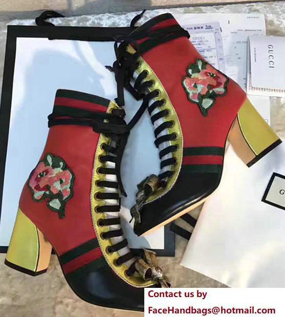 Gucci Finnlay Leather Web Embroidered Floral Metal Bow Detail Lace-up Ankle Boots Black/ Red 2017 - Click Image to Close