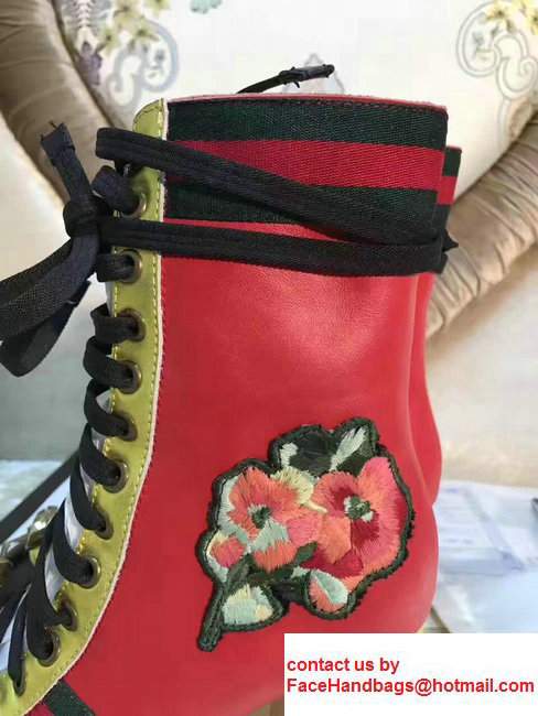 Gucci Finnlay Leather Web Embroidered Floral Metal Bow Detail Lace-up Ankle Boots Black/ Red 2017