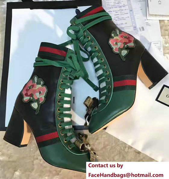 Gucci Finnlay Leather Web Embroidered Floral Metal Bow Detail Lace-up Ankle Boots Green/ Black 2017
