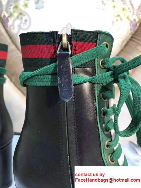 Gucci Finnlay Leather Web Embroidered Floral Metal Bow Detail Lace-up Ankle Boots Green/ Black 2017 - Click Image to Close