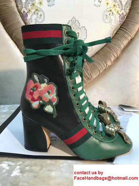 Gucci Finnlay Leather Web Embroidered Floral Metal Bow Detail Lace-up Ankle Boots Green/ Black 2017 - Click Image to Close
