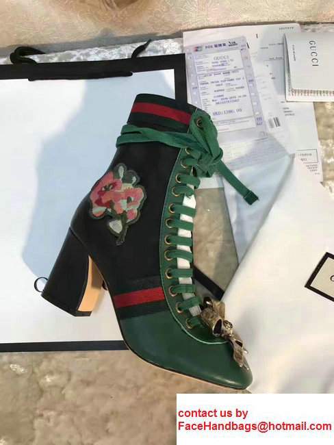 Gucci Finnlay Leather Web Embroidered Floral Metal Bow Detail Lace-up Ankle Boots Green/ Black 2017
