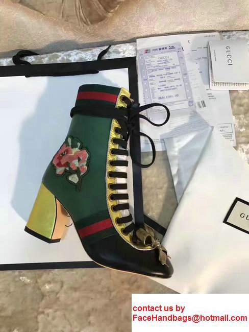 Gucci Finnlay Leather Web Embroidered Floral Metal Bow Detail Lace-up Ankle Boots Green/ Black/Yellow2017 - Click Image to Close