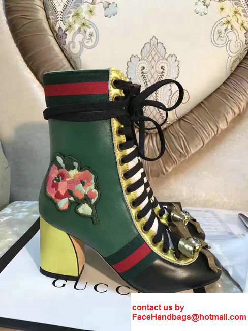 Gucci Finnlay Leather Web Embroidered Floral Metal Bow Detail Lace-up Ankle Boots Green/ Black/Yellow2017 - Click Image to Close