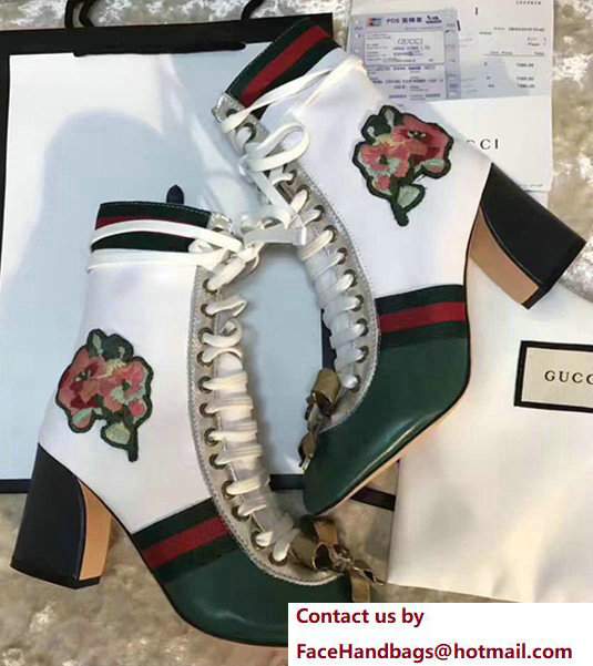 Gucci Finnlay Leather Web Embroidered Floral Metal Bow Detail Lace-up Ankle Boots White/Green 2017 - Click Image to Close