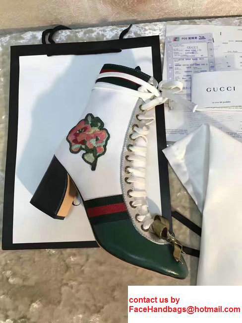 Gucci Finnlay Leather Web Embroidered Floral Metal Bow Detail Lace-up Ankle Boots White/Green 2017