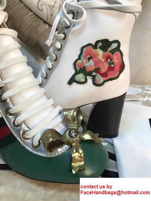 Gucci Finnlay Leather Web Embroidered Floral Metal Bow Detail Lace-up Ankle Boots White/Green 2017 - Click Image to Close