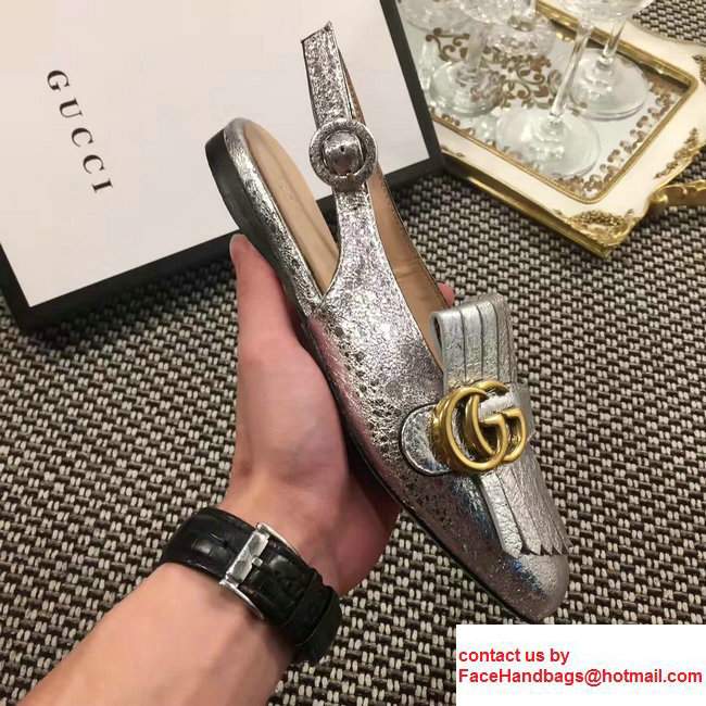 Gucci Fringe Double G Slingback Laminate Leather Scandals Sliver 2017 - Click Image to Close
