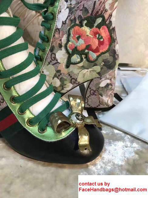 Gucci GG Canvas And Leather Patchwork Embroidered Floral Metal Bow Detail Lace-up Ankle Boots Black 2017