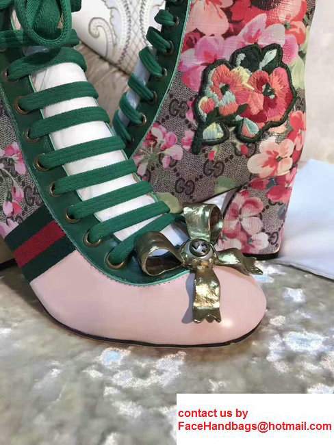 Gucci GG Canvas And Leather Patchwork Embroidered Floral Metal Bow Detail Lace-up Ankle Boots Nude 2017