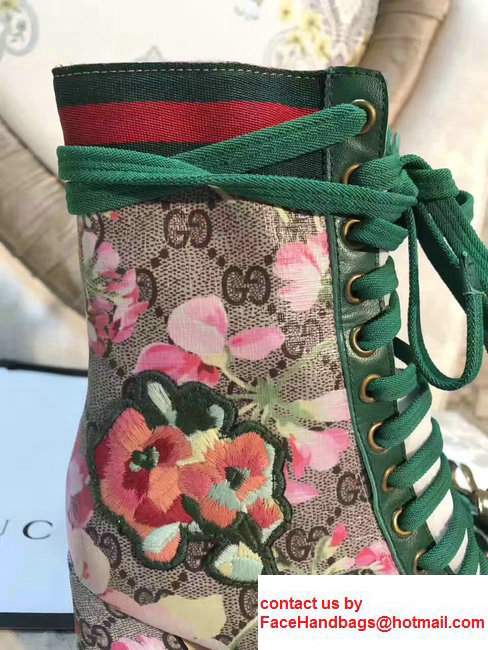 Gucci GG Canvas And Leather Patchwork Embroidered Floral Metal Bow Detail Lace-up Ankle Boots Nude 2017 - Click Image to Close