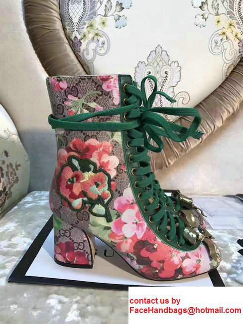 Gucci GG Canvas Embroidered Floral Metal Bow Detail Lace-up Ankle Boots 2017