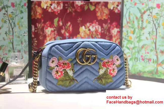 Gucci GG Marmont Matelasse Chevron Embroidered Floral Shoulder Small Bag 447632 Blue 2017