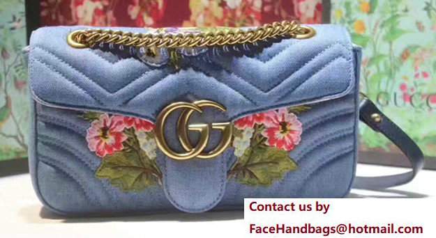 Gucci GG Marmont Matelasse Chevron Embroidered Floral Small Chain Shoulder Bag 443497 Blue 2017