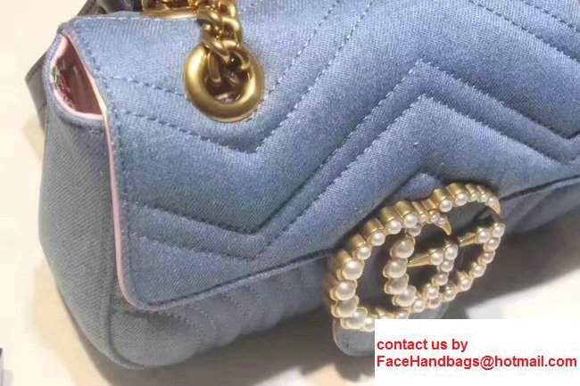 Gucci GG Marmont Matelasse Chevron With PearlMini Chain Shoulder Bag 446744 Blue 2017