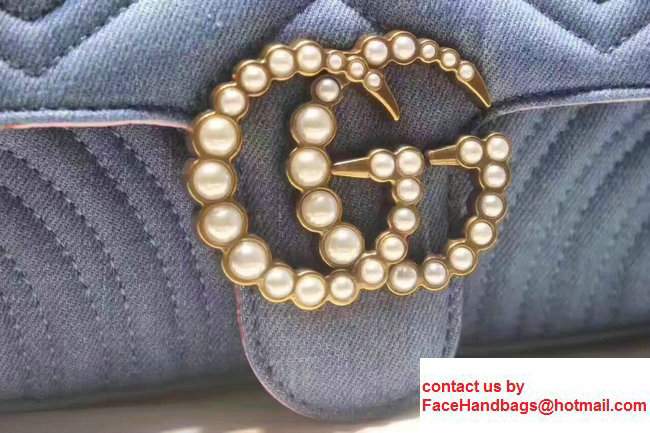 Gucci GG Marmont Matelasse Chevron With PearlMini Chain Shoulder Bag 446744 Blue 2017