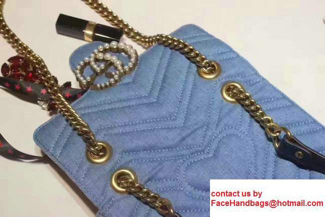 Gucci GG Marmont Matelasse Chevron With PearlMini Chain Shoulder Bag 446744 Blue 2017 - Click Image to Close