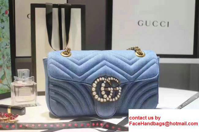 Gucci GG Marmont Matelasse Chevron With Pearl Small Chain Shoulder Bag 443497 Blue 2017 - Click Image to Close