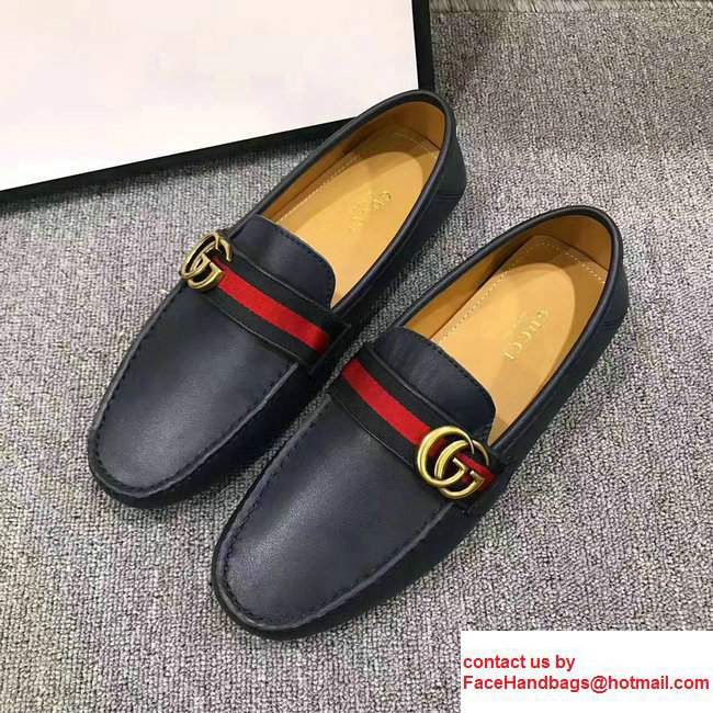 Gucci GG Web Leather Men's Loafter 428609 Dark Blue 2017 - Click Image to Close