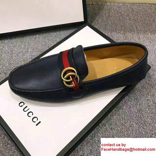 Gucci GG Web Leather Men's Loafter 428609 Dark Blue 2017
