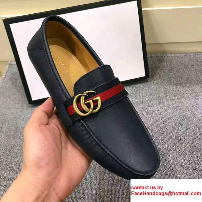 Gucci GG Web Leather Men's Loafter 428609 Dark Blue 2017 - Click Image to Close