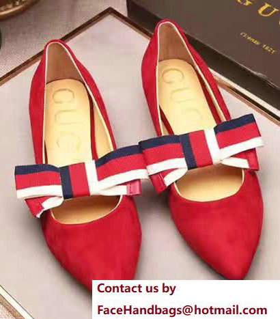 Gucci Heel 1.5cm Suede Ballet Flat With Web Bow 481183 Red 2017 - Click Image to Close