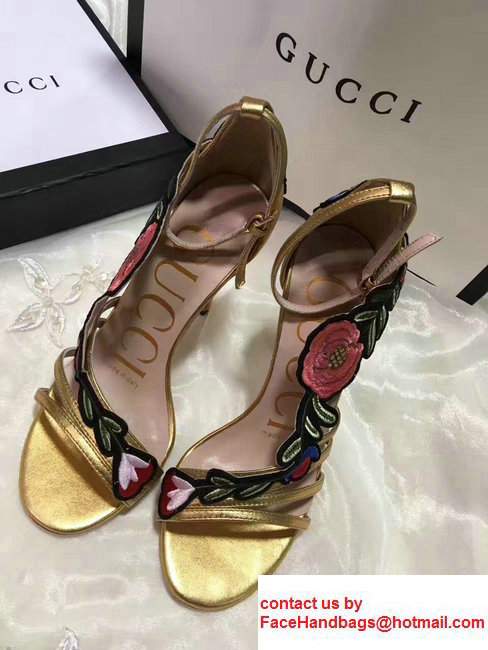 Gucci Heel 10cm Floral Embroidery Leather Scandal 475082 Metallic Gold 2017 - Click Image to Close