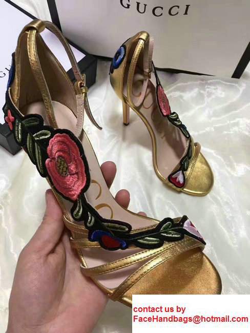 Gucci Heel 10cm Floral Embroidery Leather Scandal 475082 Metallic Gold 2017 - Click Image to Close