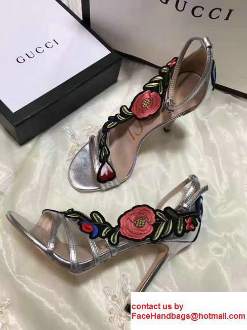 Gucci Heel 10cm Floral Embroidery Leather Scandal 475082 Sliver 2017