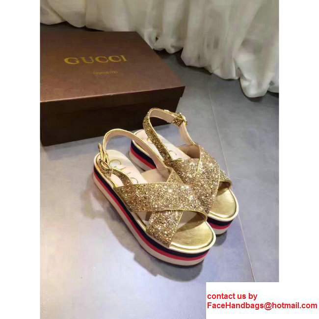 Gucci Heel 5cm Glitter Crossover Platform Sandal 474534 Gold 2017 - Click Image to Close