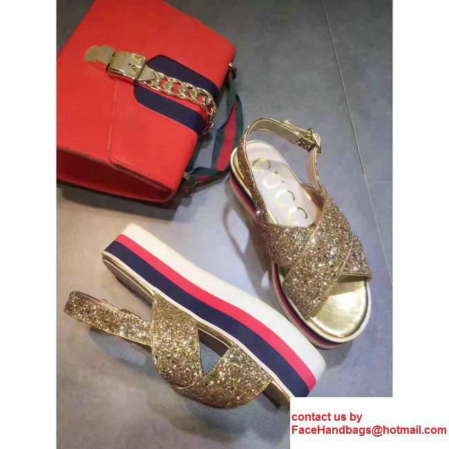 Gucci Heel 5cm Glitter Crossover Platform Sandal 474534 Gold 2017