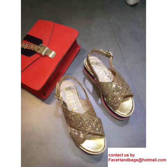 Gucci Heel 5cm Glitter Crossover Platform Sandal 474534 Gold 2017