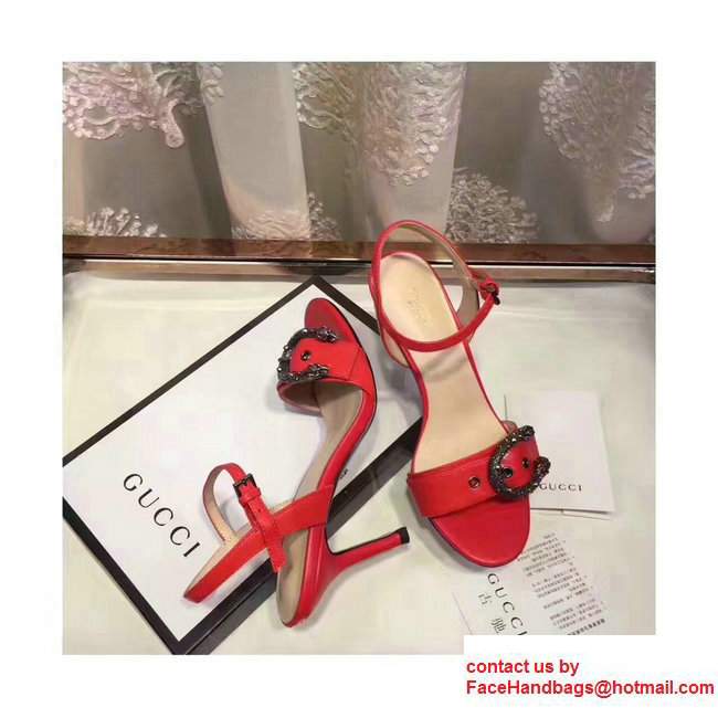 Gucci Heel 7cm Leather Scandal Tiger Head Buckle Front Detail Red 2017 - Click Image to Close