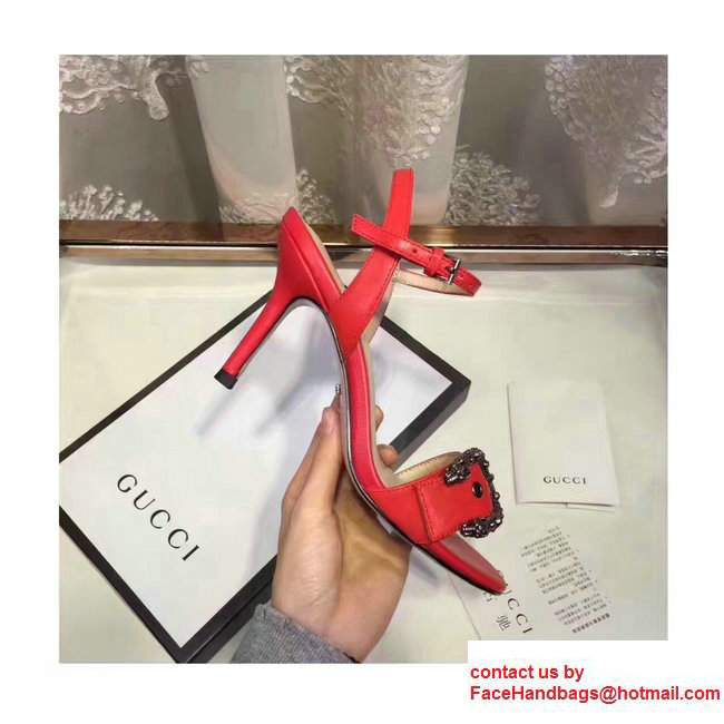Gucci Heel 7cm Leather Scandal Tiger Head Buckle Front Detail Red 2017