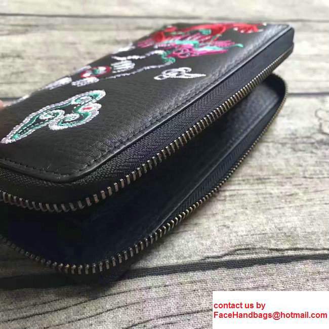 Gucci Leather Zip Around Wallet With Embroidered Fiery Dragon 474584 Black 2017