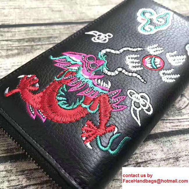 Gucci Leather Zip Around Wallet With Embroidered Fiery Dragon 474584 Black 2017