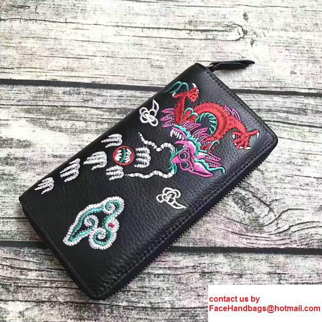 Gucci Leather Zip Around Wallet With Embroidered Fiery Dragon 474584 Black 2017 - Click Image to Close