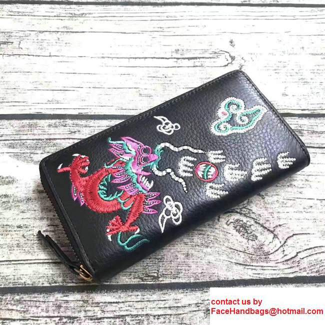 Gucci Leather Zip Around Wallet With Embroidered Fiery Dragon 474584 Black 2017 - Click Image to Close
