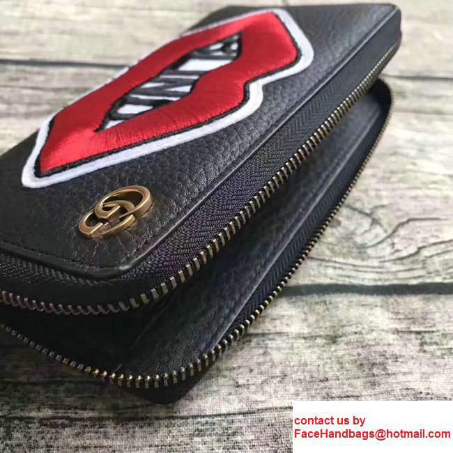 Gucci Leather Zip Around Wallet With Embroidered Mouth 474584 Black 2017 - Click Image to Close