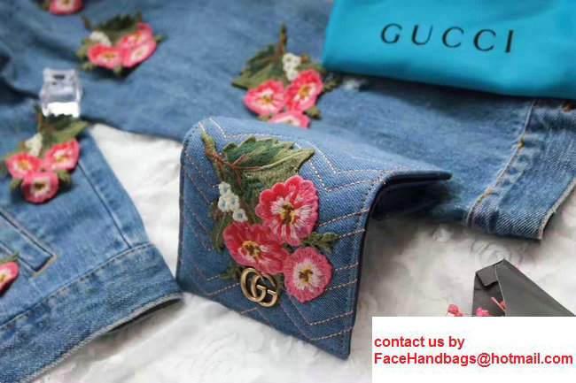 Gucci Metal Logo GG Marmont Embroidered Floral Cloth Fabric Card Case 466492 Blue - Click Image to Close