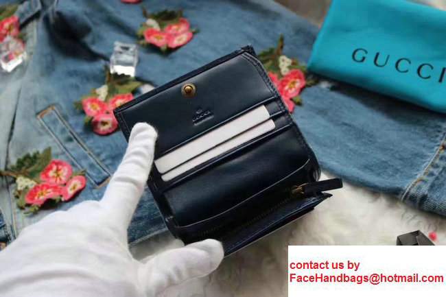 Gucci Metal Logo GG Marmont Embroidered Floral Cloth Fabric Card Case 466492 Blue - Click Image to Close