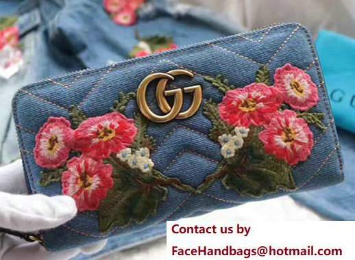 Gucci Metal Logo GG Marmont Embroidered Floral Cloth Fabric Chevron Zip Wallet 443123 Blue - Click Image to Close