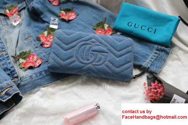 Gucci Metal Logo GG Marmont Embroidered Floral Cloth Fabric Chevron Zip Wallet 443123 Blue
