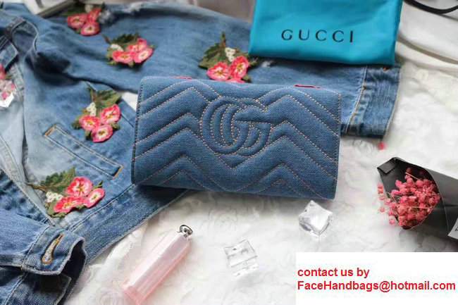 Gucci Metal Logo GG Marmont Embroidered Floral Cloth Fabric Continental Wallet 443436 Blue
