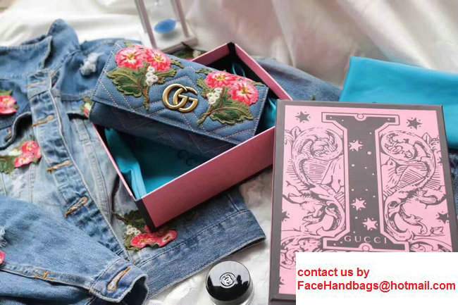 Gucci Metal Logo GG Marmont Embroidered Floral Cloth Fabric Continental Wallet 443436 Blue - Click Image to Close