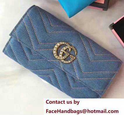 Gucci Pearl Logo GG Marmont Matelasse Chevron Cloth Fabric Continental Wallet 443436 Blue
