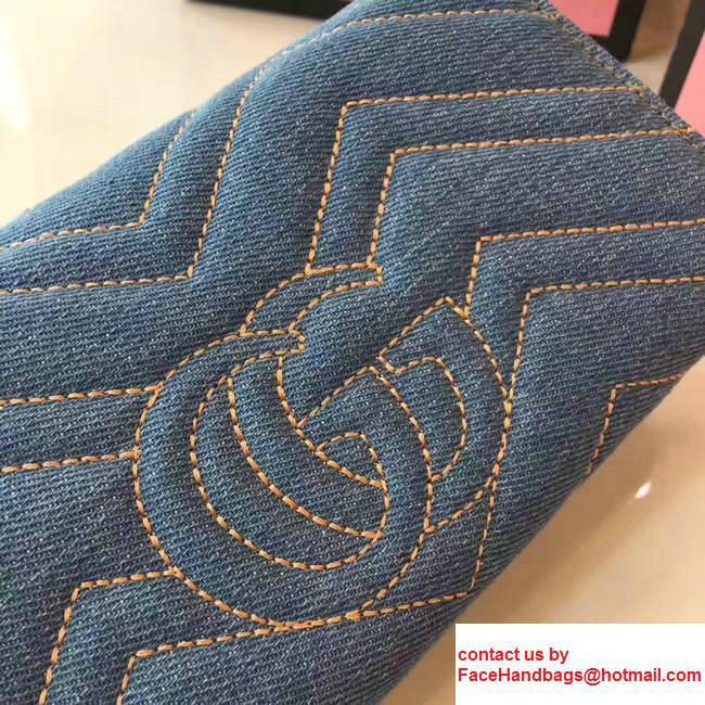Gucci Pearl Logo GG Marmont Matelasse Chevron Cloth Fabric Continental Wallet 443436 Blue